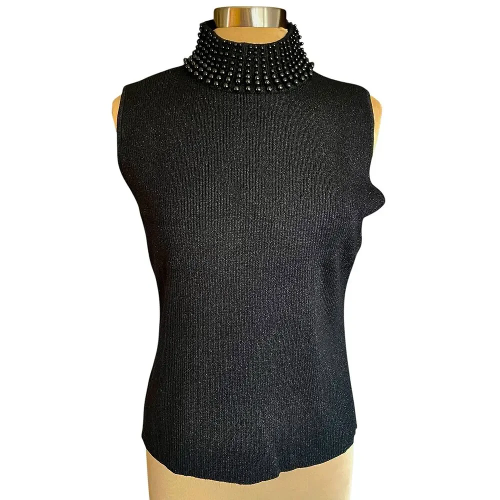 Grace Black Sleeveless Mock Neck Sweater Beaded Neckline Silk Blend Metallic XL